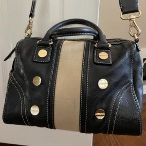 MILLY Black leather w/Beige Canvas Satchel Convertible Shoulder Strap